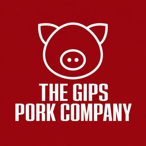 The GIPS Pork Company logo, white pig emblem and condensed white wordmark on a red square